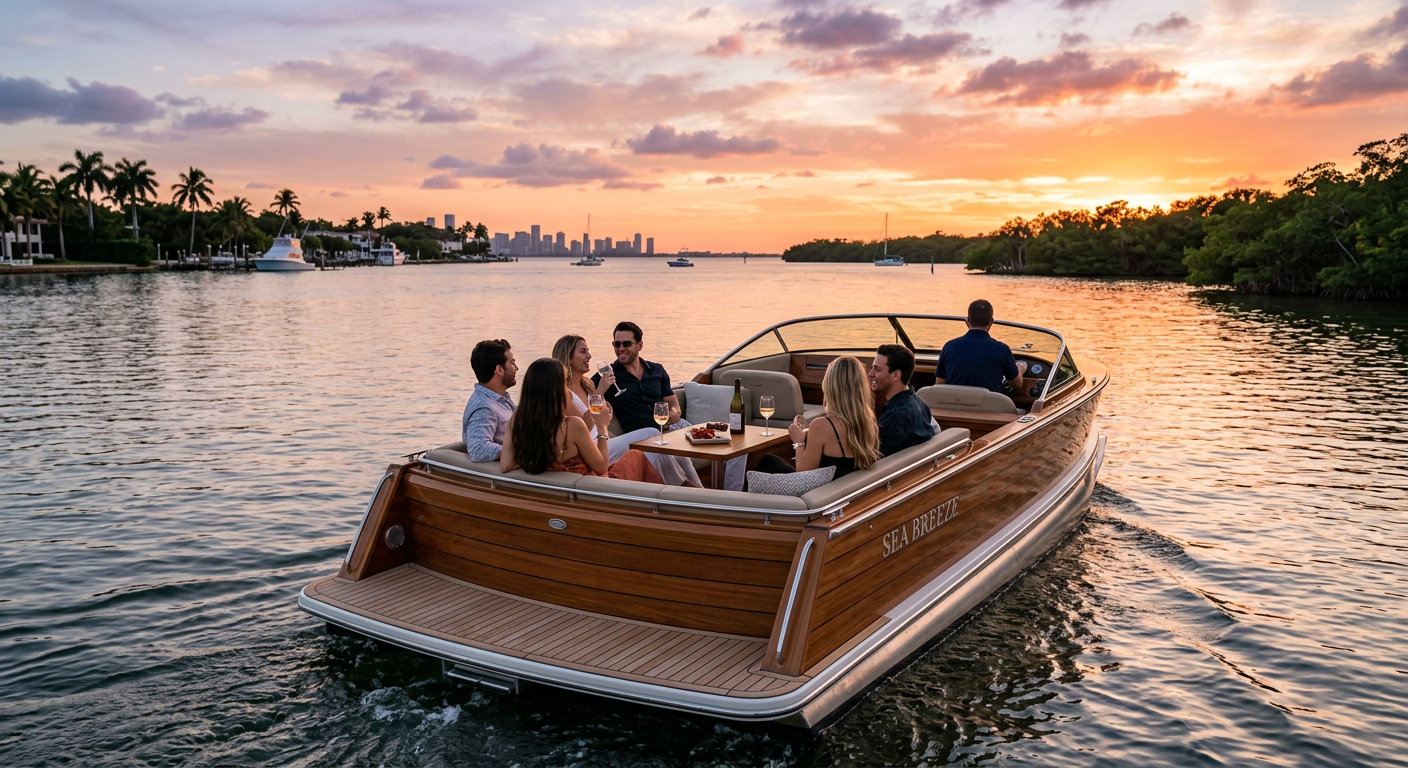 Small private group enjoying a sunset boat tour on a quiet inlet away from the crowded Miami docks