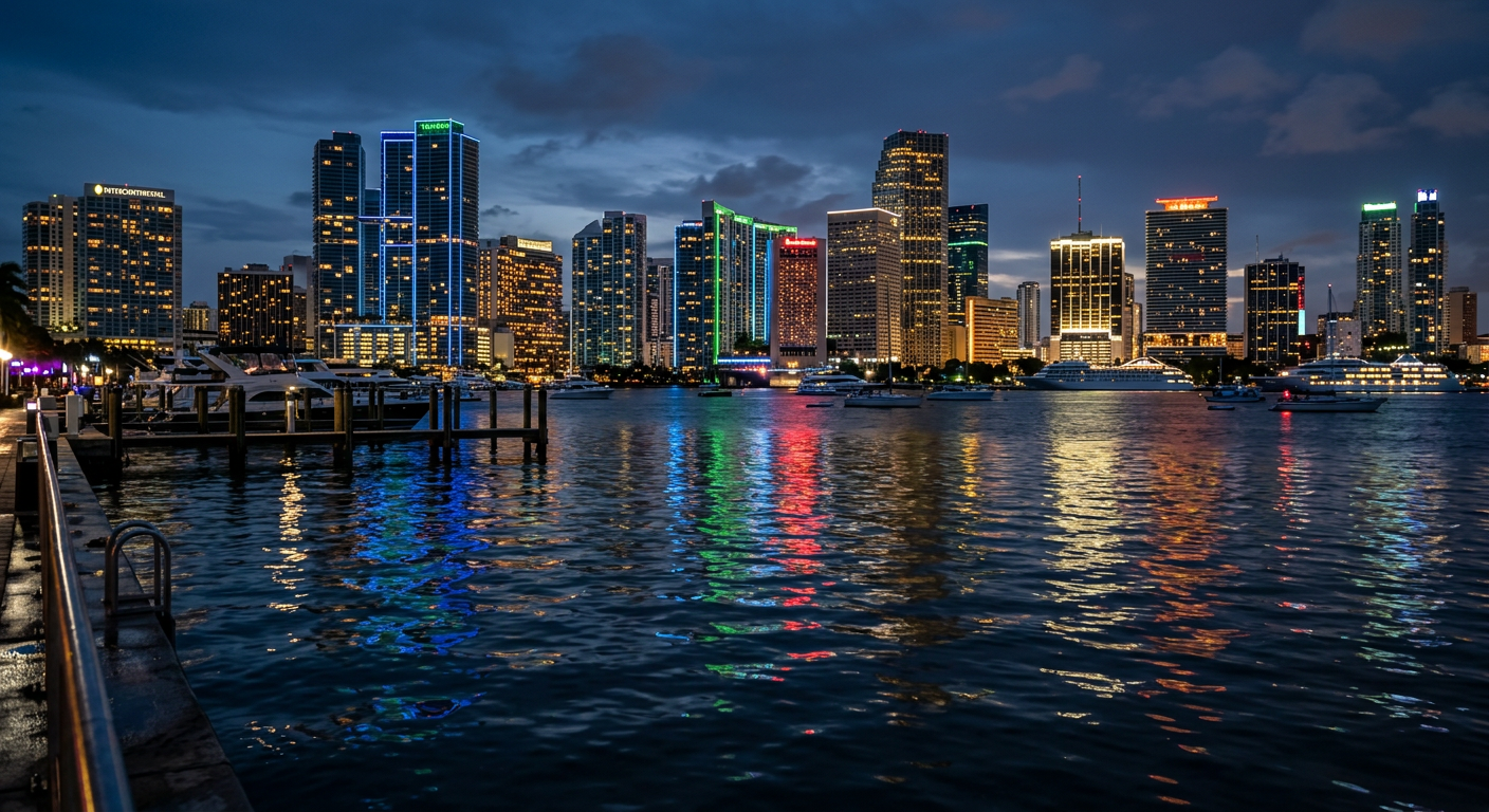 Neon lights off the skyline reflecting in the dark waters of Biscayne Bay