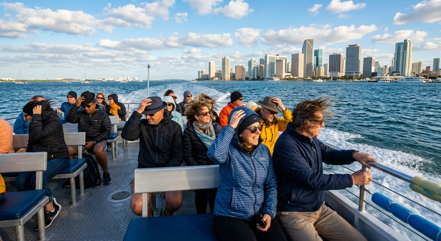 Passengers sitting on an open deck tour boat in Biscayne Bay bracing against the ocean wind
