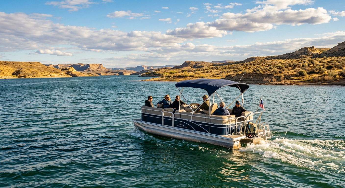 A pontoon boat navigating the slightly choppy waters of a large plains reservoir with dry, scrubby hills in the distance