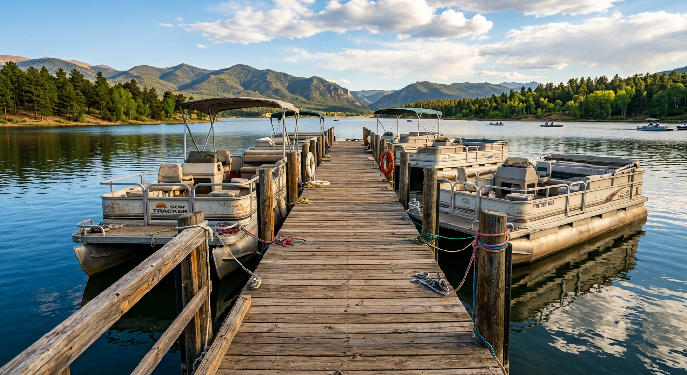 A weathered wooden dock at a Denver area reservoir lined with older, sturdy aluminum pontoon boats
