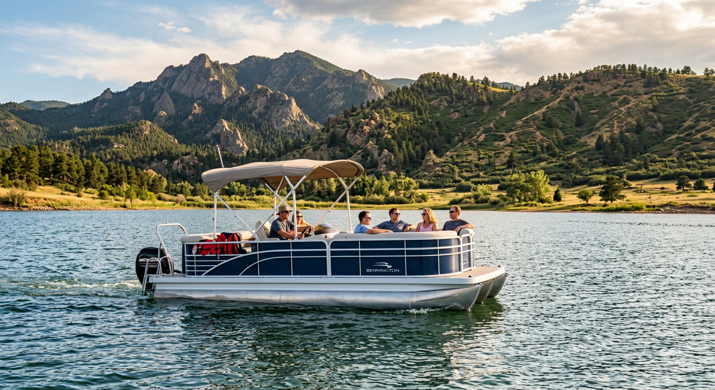 A pontoon boat navigating the lightly choppy waters of Chatfield Reservoir with the rocky foothills rising in the background