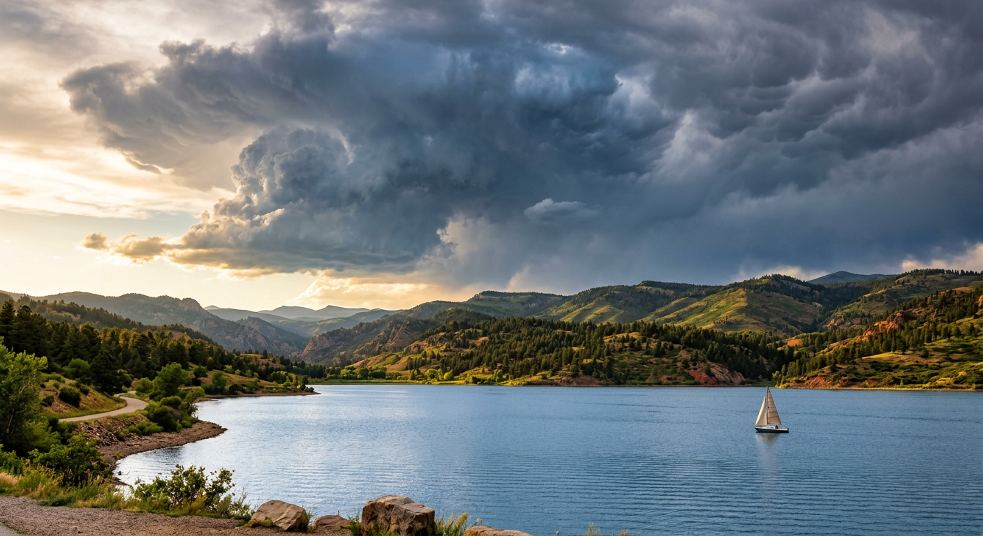 Dark thunderheads building over the Rocky Mountain foothills west of a Denver reservoir