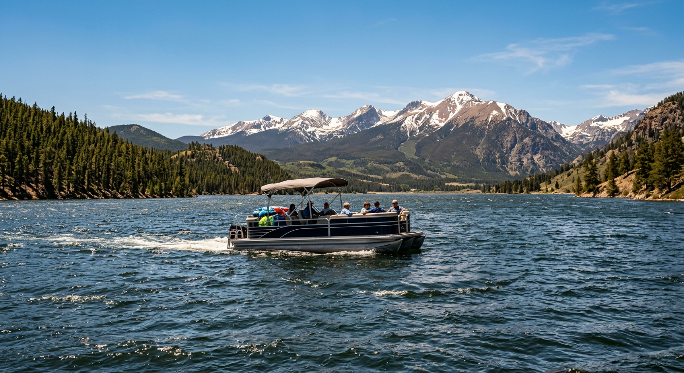 A pontoon boat navigating choppy reservoir waters near Denver under a clear sky