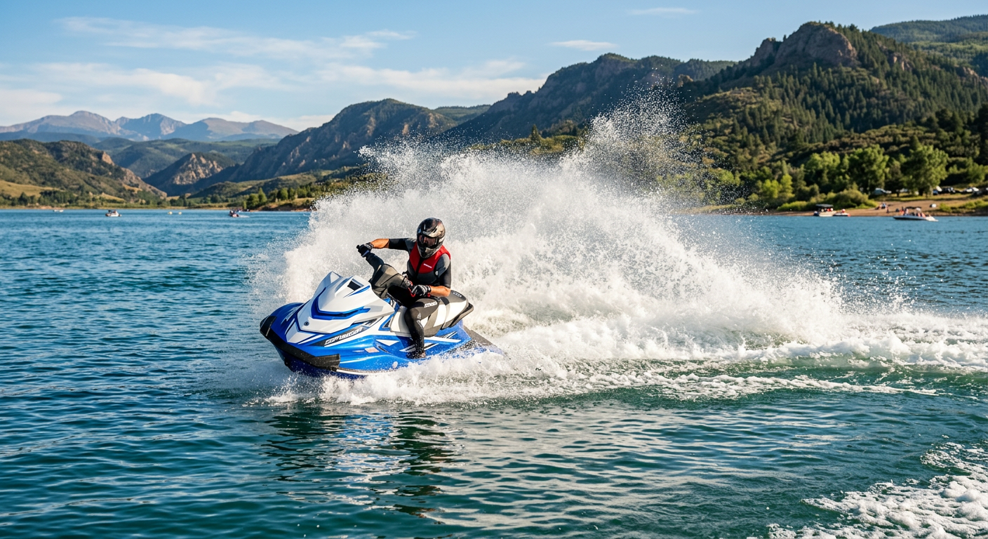 A rider carving a sharp turn on a jet ski at Chatfield Reservoir, kicking up a large spray of water
