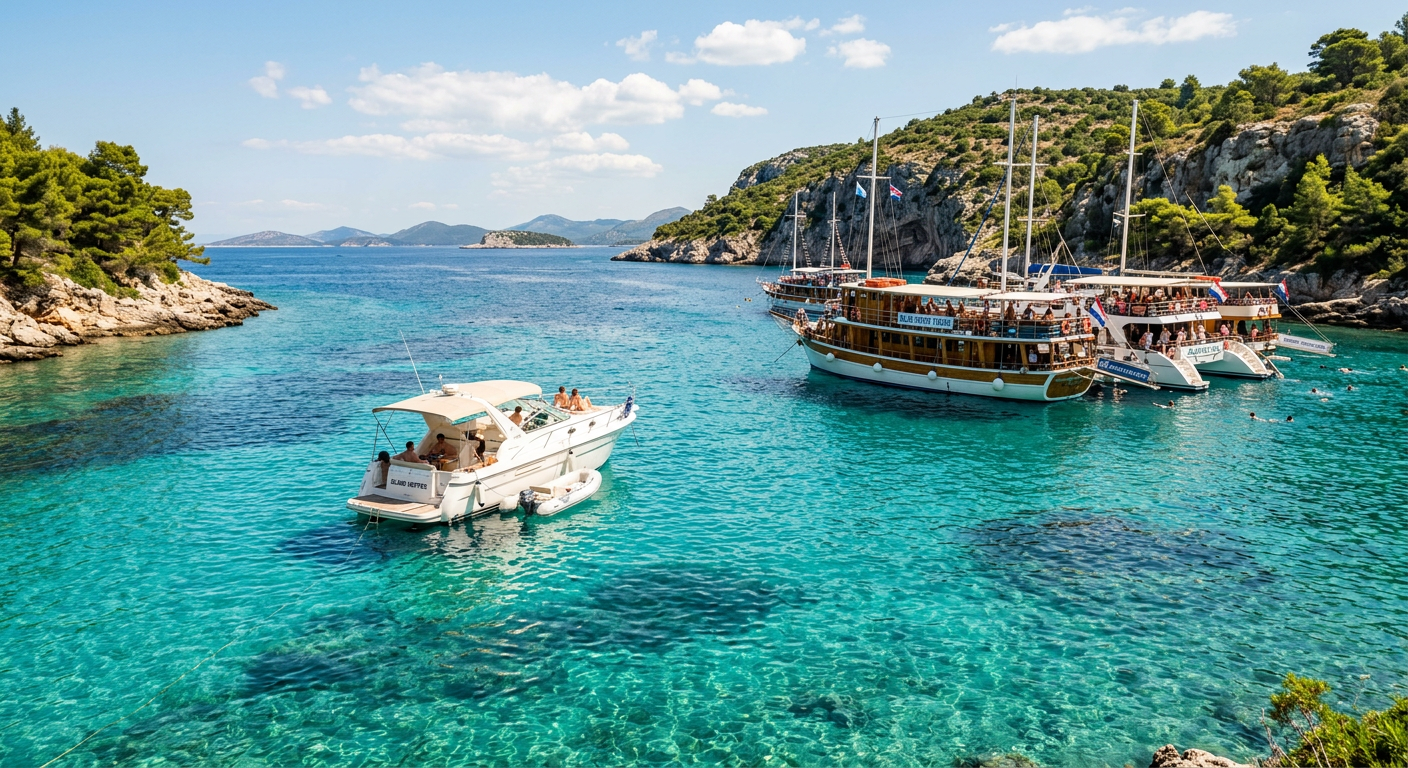 A small private boat anchored in clear turquoise water just past a group of large tour boats