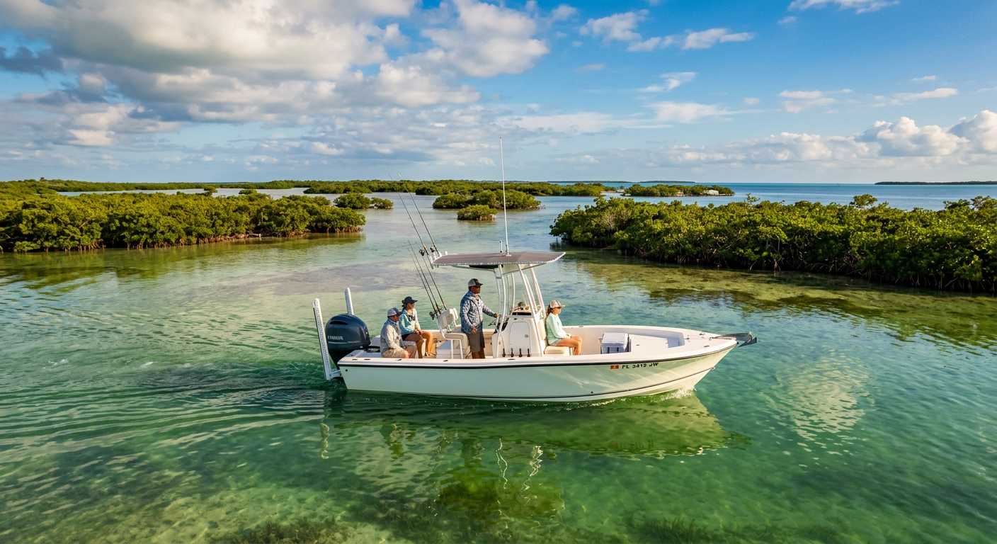 A center console boat navigating the shallow green waters of the Florida Bay backcountry in Islamorada