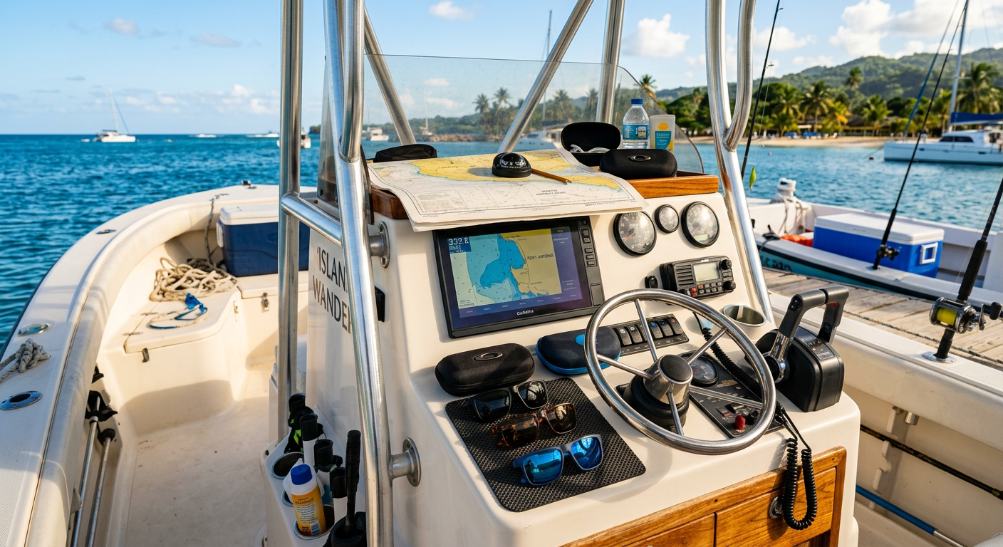 A center console boat loaded with polarized sunglasses and navigation charts