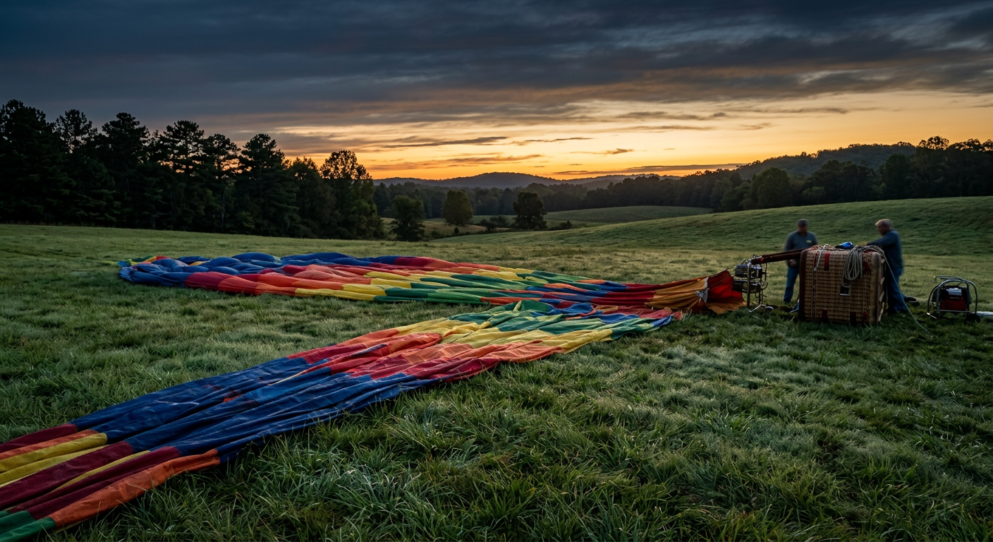 A deflated hot air balloon spread across damp grass in the dark early morning hours in Georgia
