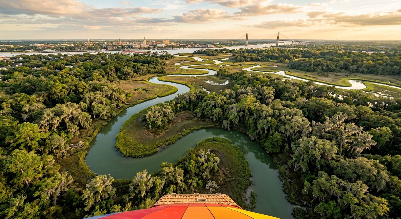 Looking down at winding green tidal creeks and gray Spanish moss from a hot air balloon over Savannah, Georgia