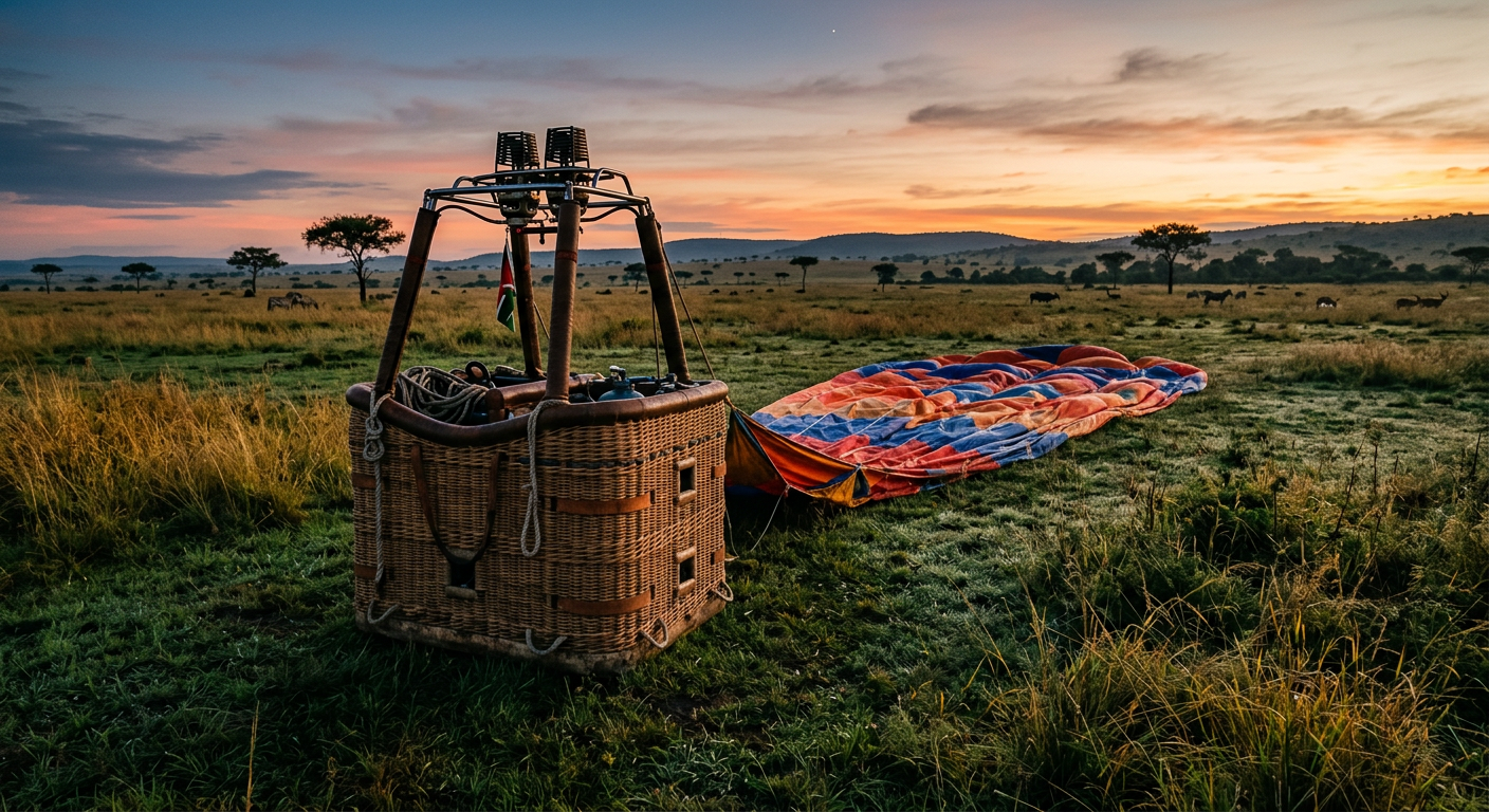 A grounded hot air balloon basket resting on damp grass in a Savannah field before dawn