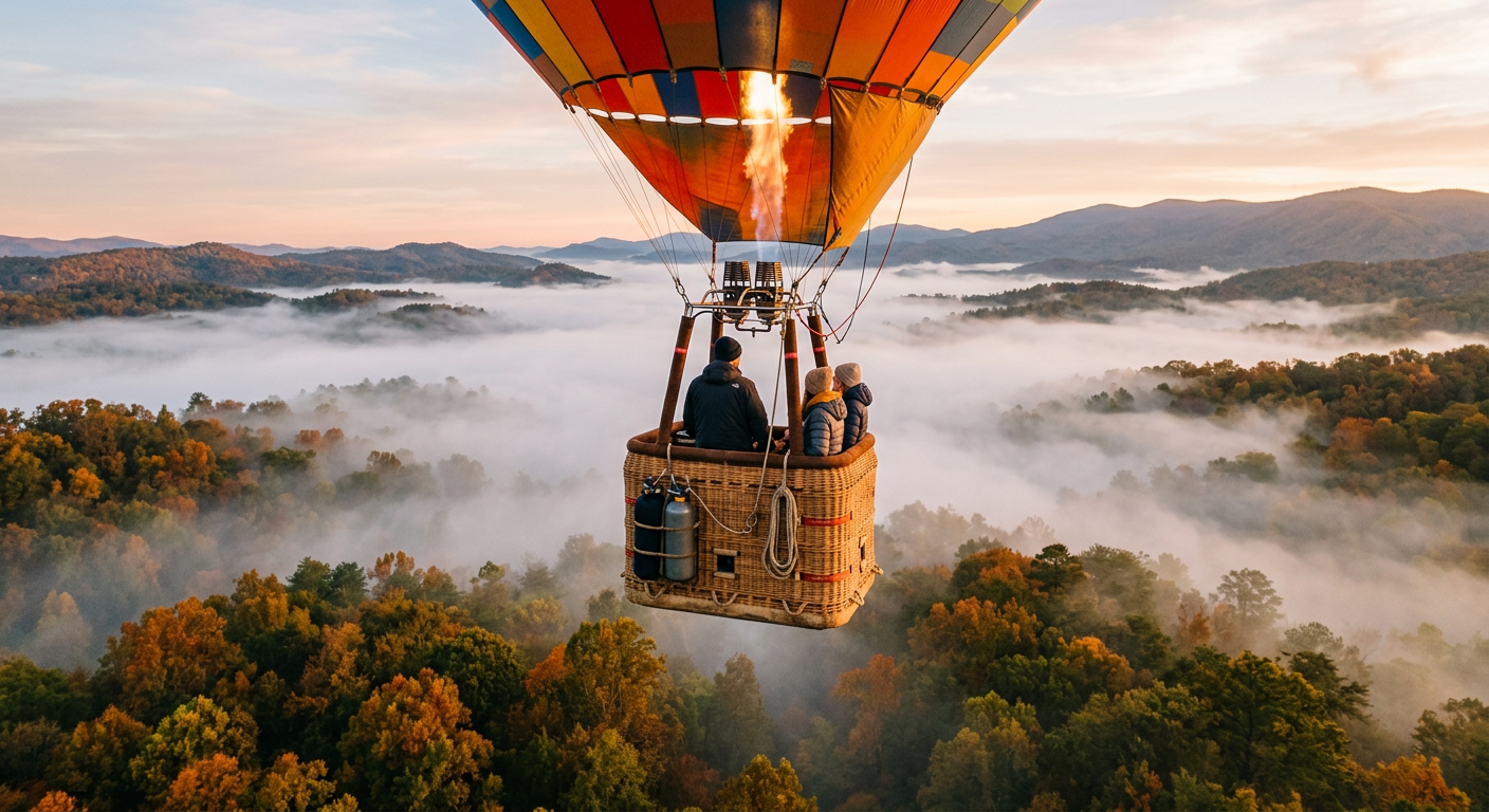 A hot air balloon basket rising just above the mist-covered tree line of a Georgia forest
