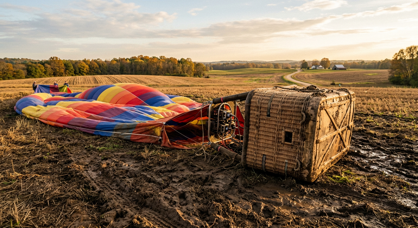 A hot air balloon basket tipped over in a muddy Georgia farm field after landing