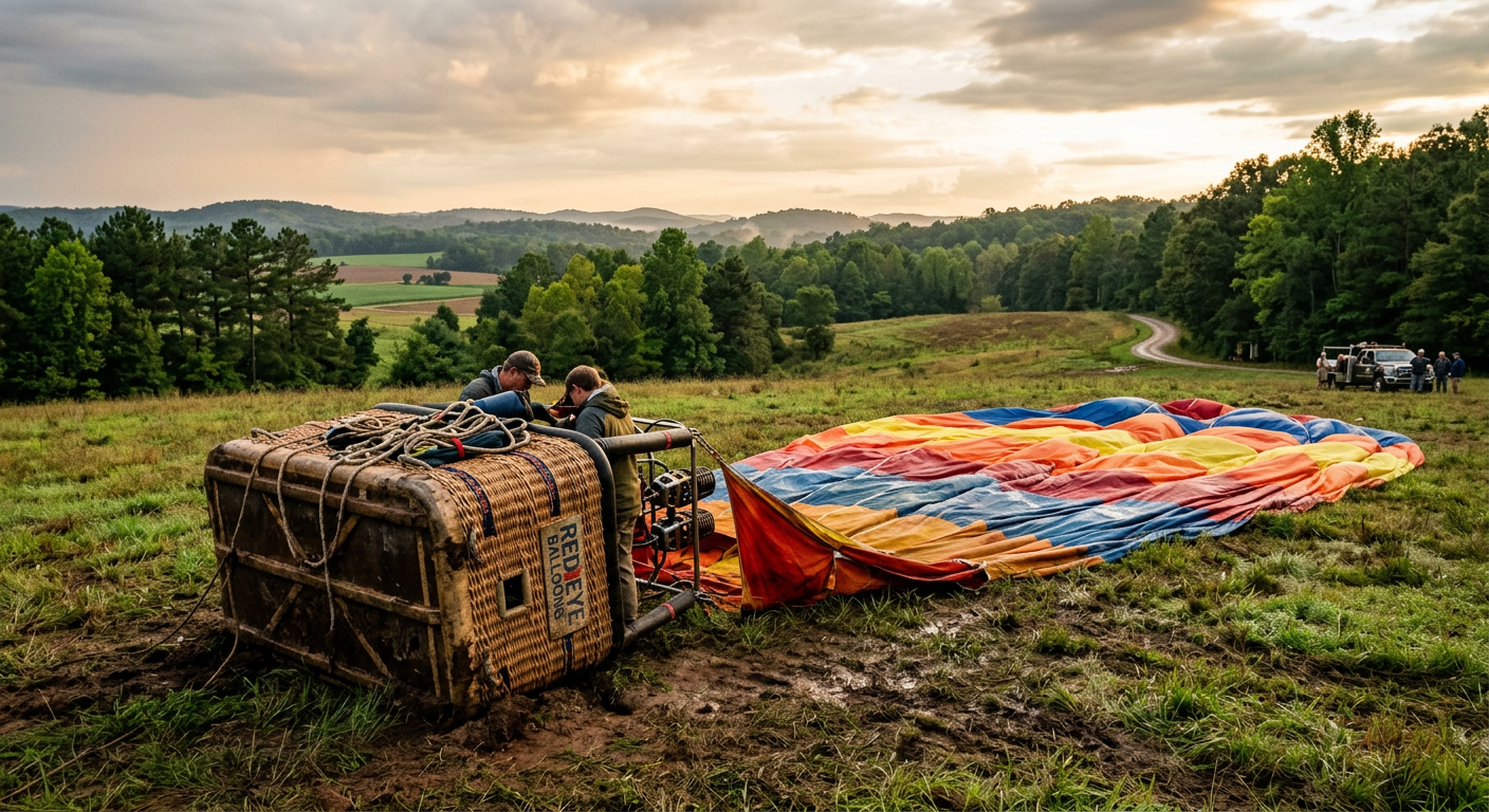Hot air balloon basket resting in a damp Georgia field after a rough landing