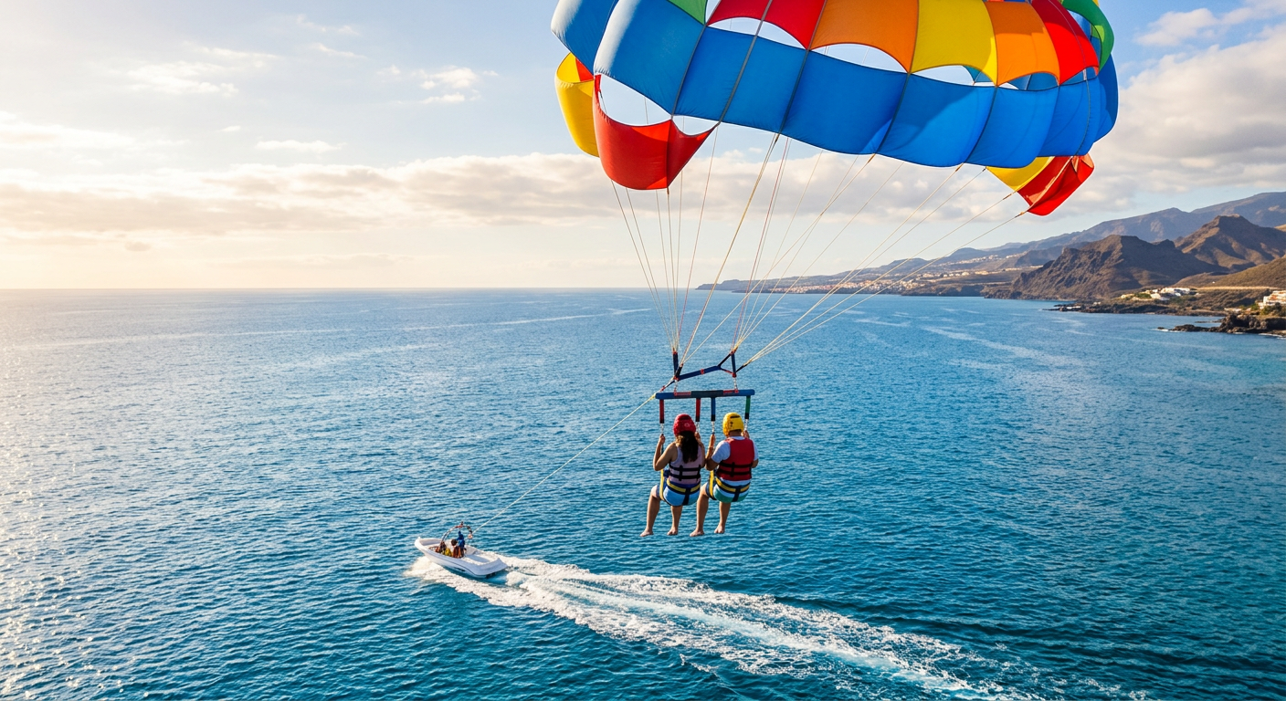 Two passengers suspended in a colorful parachute harness high above a boat on the Atlantic ocean