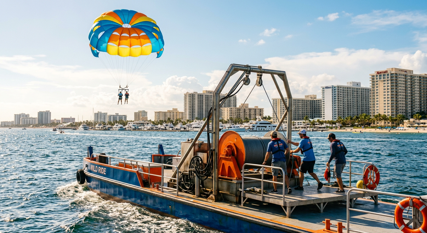 A rigid parasailing winch system and launch deck mounted on the back of a commercial towboat in Fort Lauderdale