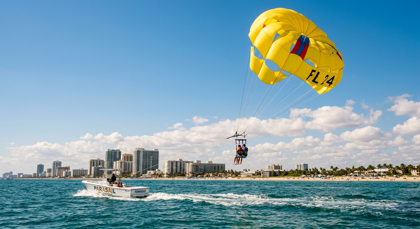 A bright yellow parasail canopy filling with wind above a towboat in Fort Lauderdale