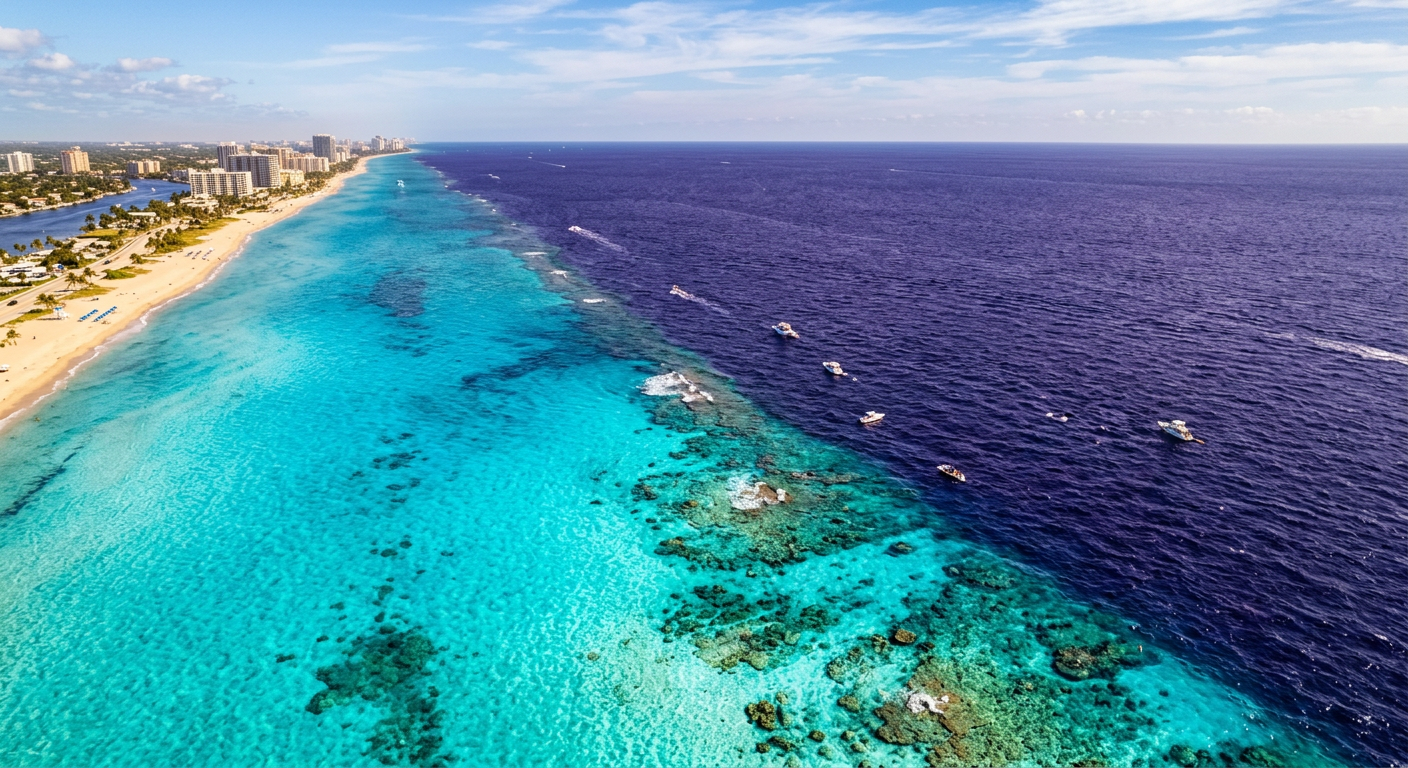 Aerial perspective showing the turquoise shallow water abruptly transitioning to deep purple ocean over the Fort Lauderdale reef line