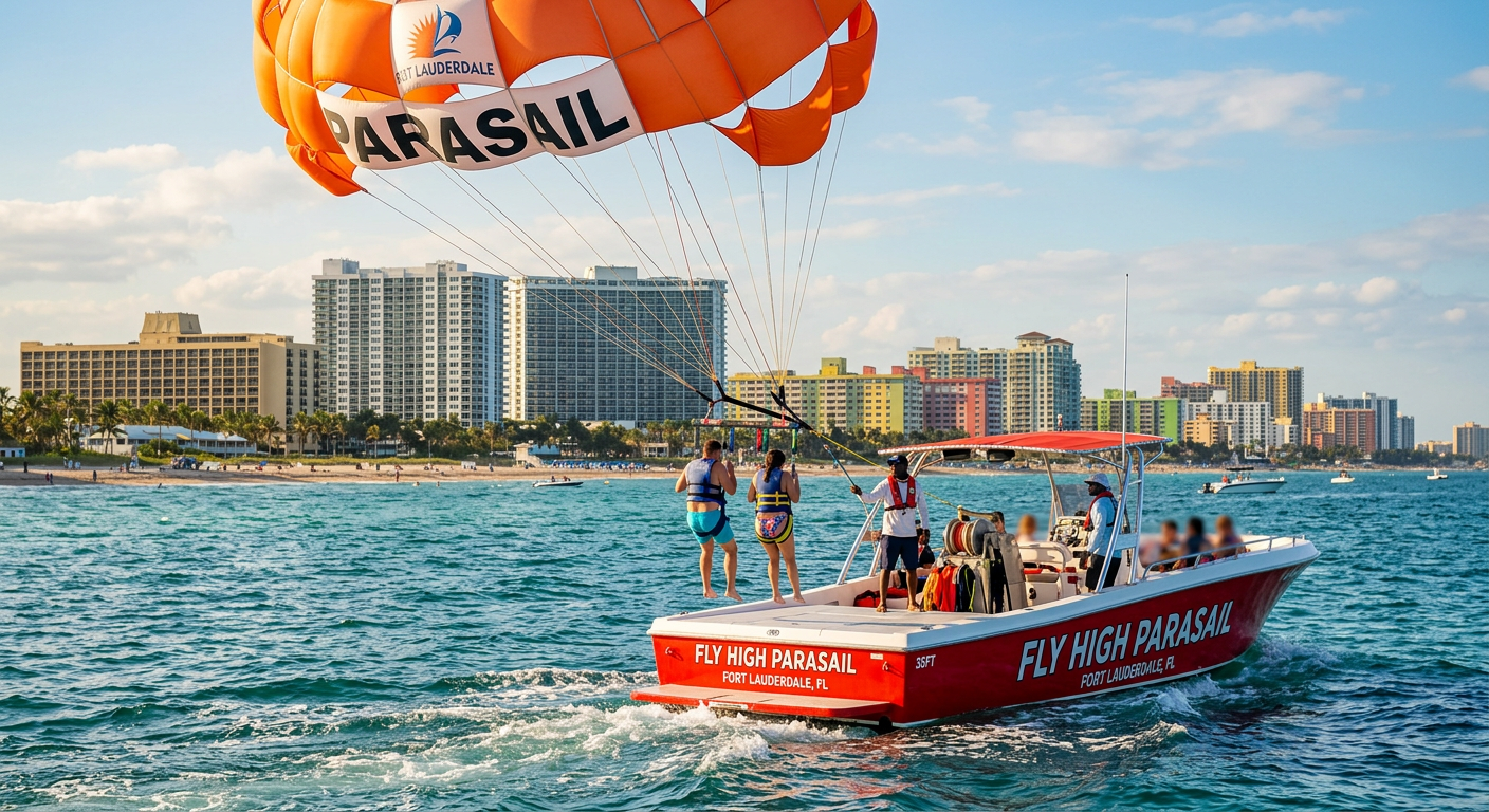 Two passengers descending toward the back deck of a red parasail boat off the Fort Lauderdale coast