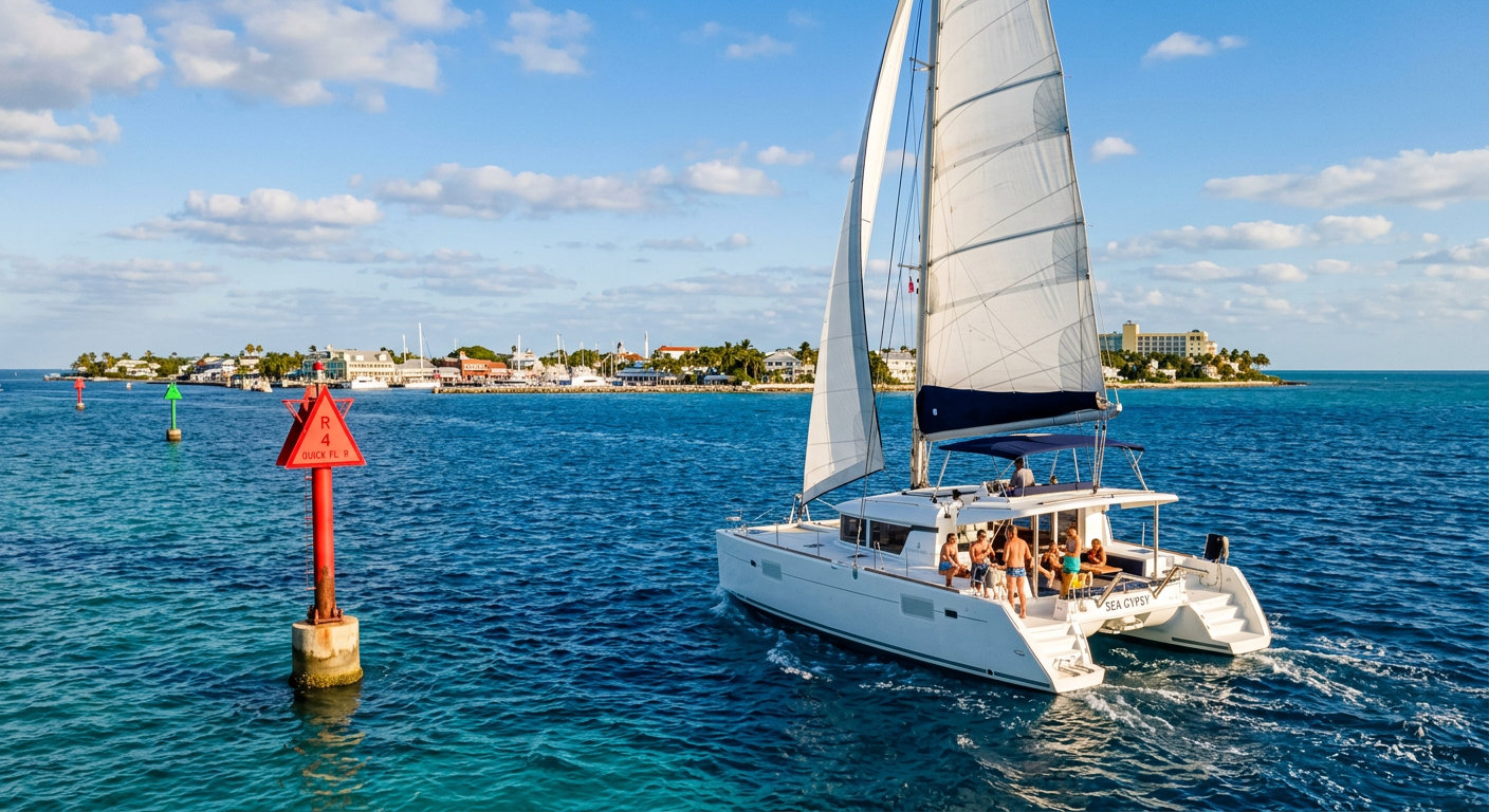 A catamaran sailing past a channel marker into the deep blue water off the coast of Key West
