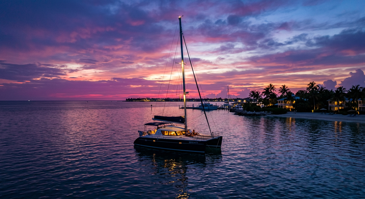 A small private catamaran drifting off Sunset Key as the sky turns deep purple and pink after sunset