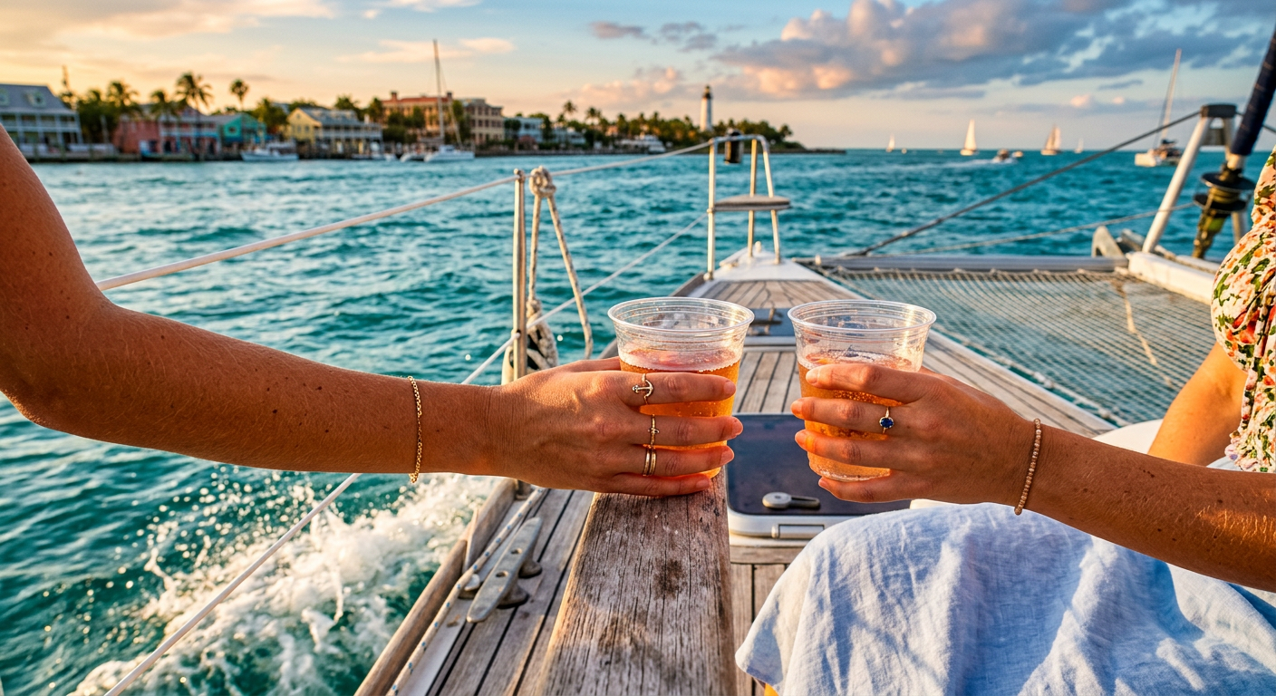 A close up of hands holding plastic wine cups on the sloping deck of a catamaran in Key West as small waves splash nearby