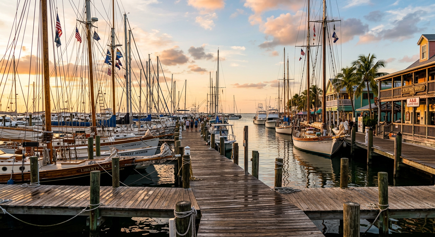 Weathered wooden docks at the Key West Historic Seaport lined with sailboat masts