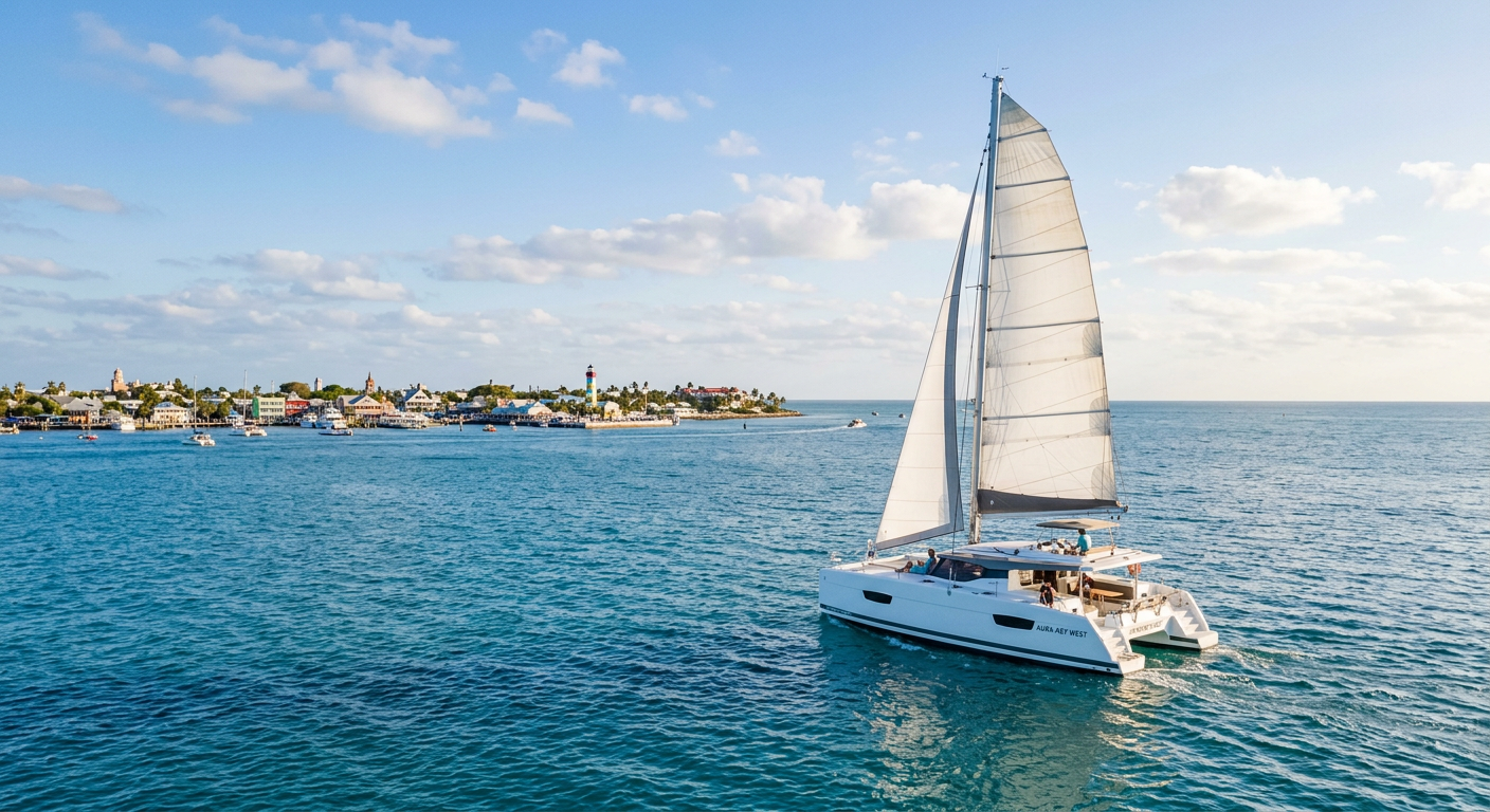 A traditional schooner sailing on calm ocean water away from the crowded Key West island