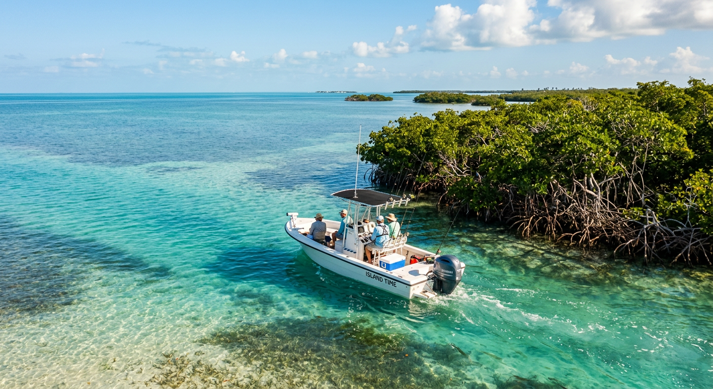 A small center console boat navigating shallow, turquoise waters near a mangrove island in Marathon, Florida