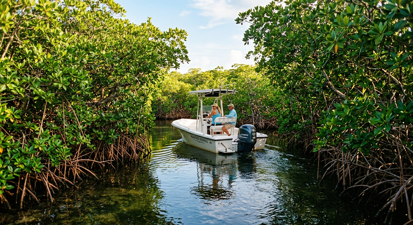 A small rental center console boat navigating through a tight mangrove channel in Marathon