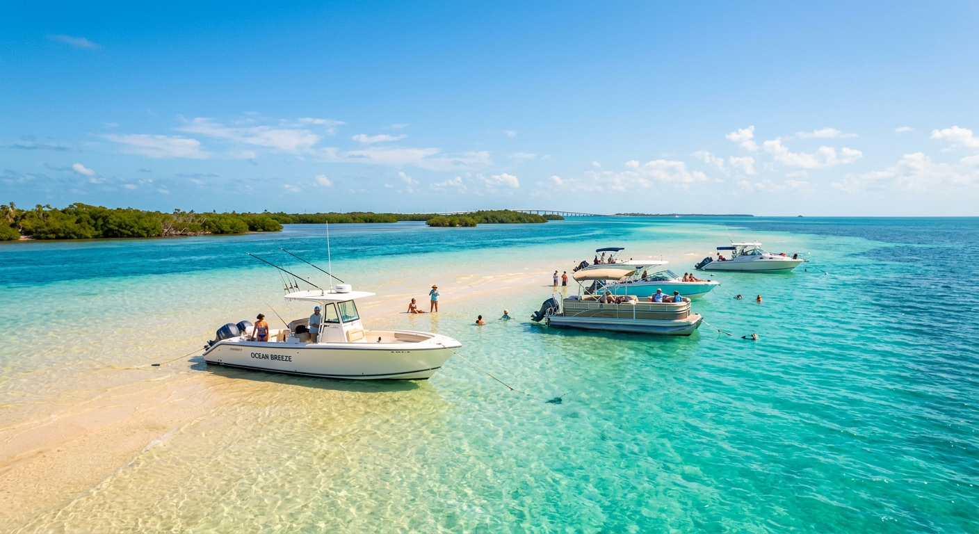 Boats anchored at a shallow sandbar in Marathon surrounded by bright turquoise water