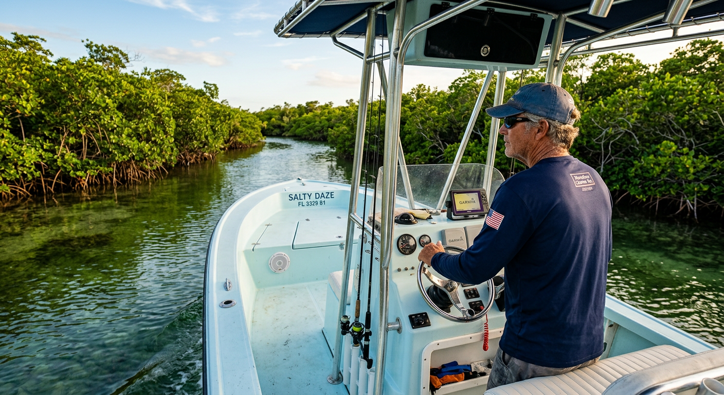 A local charter boat captain steering a center console through mangrove channels in Marathon
