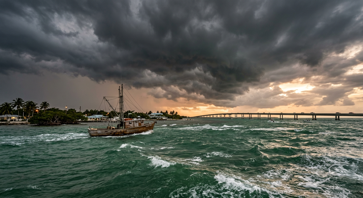 Dark storm clouds gathering over choppy green water near Marathon Florida