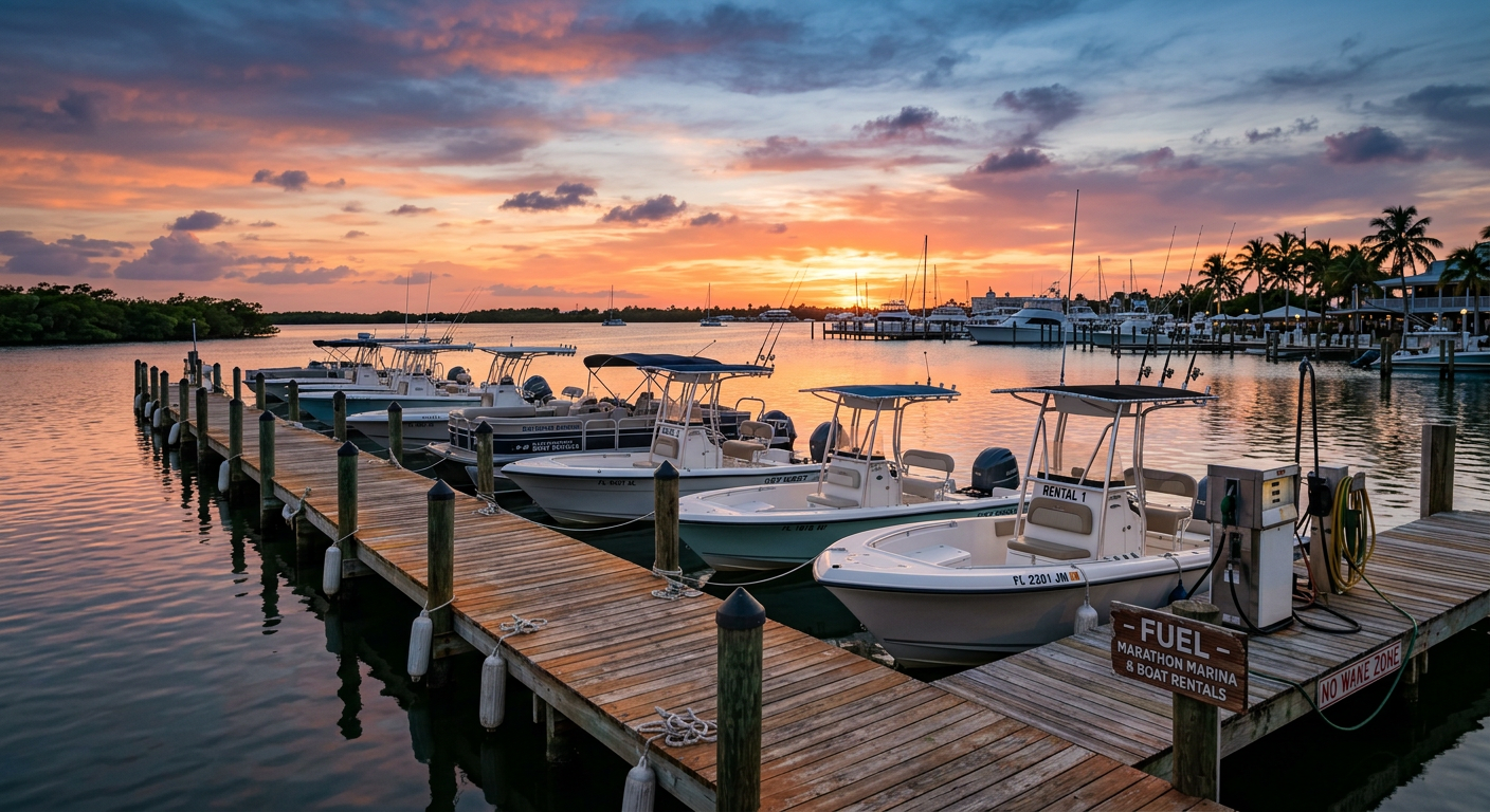A line of rental boats waiting at a wooden fuel dock in Marathon at dusk