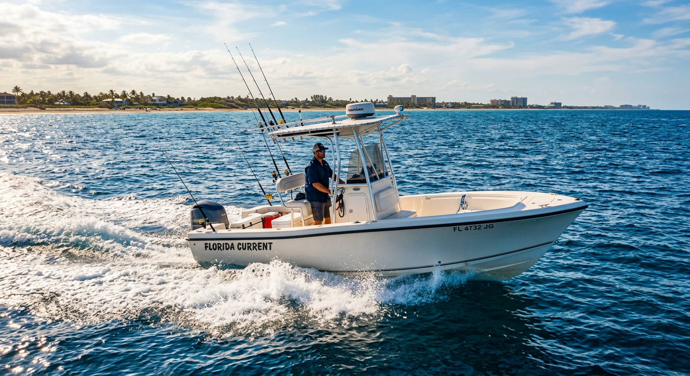 A small center console boat cutting through calm blue ocean water off the coast of Florida