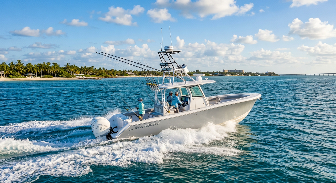 A sleek center console boat drifting in the deep blue Gulf Stream waters