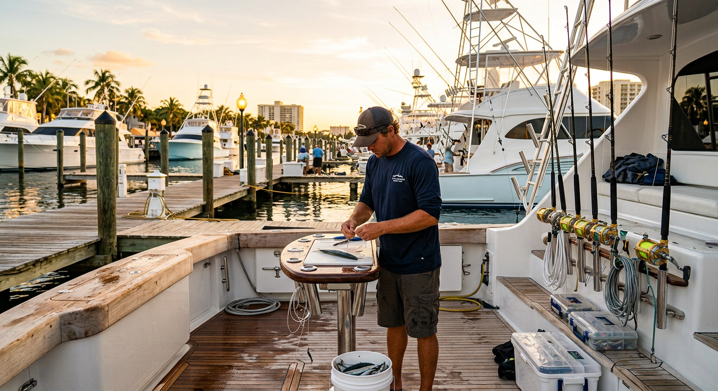 First mate preparing the stern of a boat docked in Fort Lauderdale