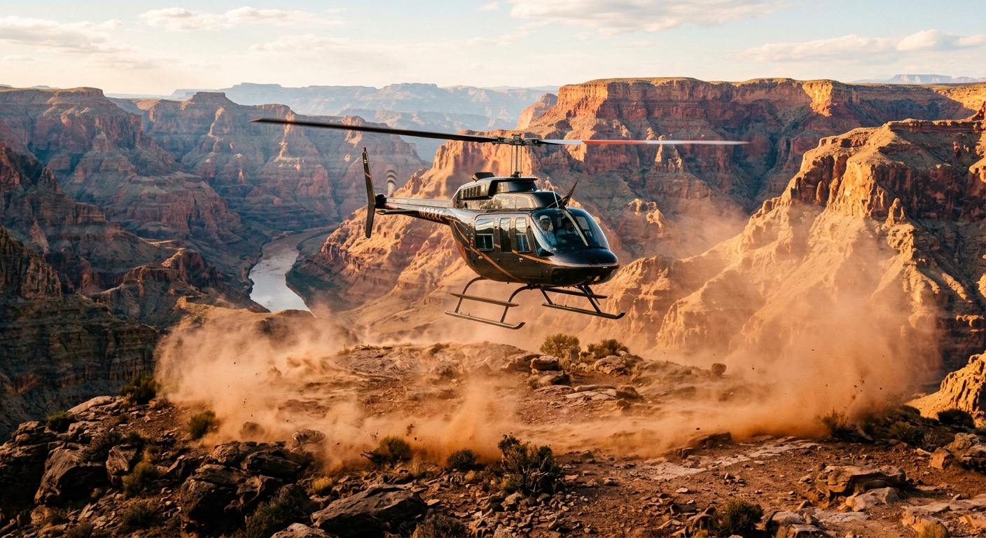 Dust kicking up under the rotors of a helicopter over the rugged Grand Canyon West Rim near Meadview