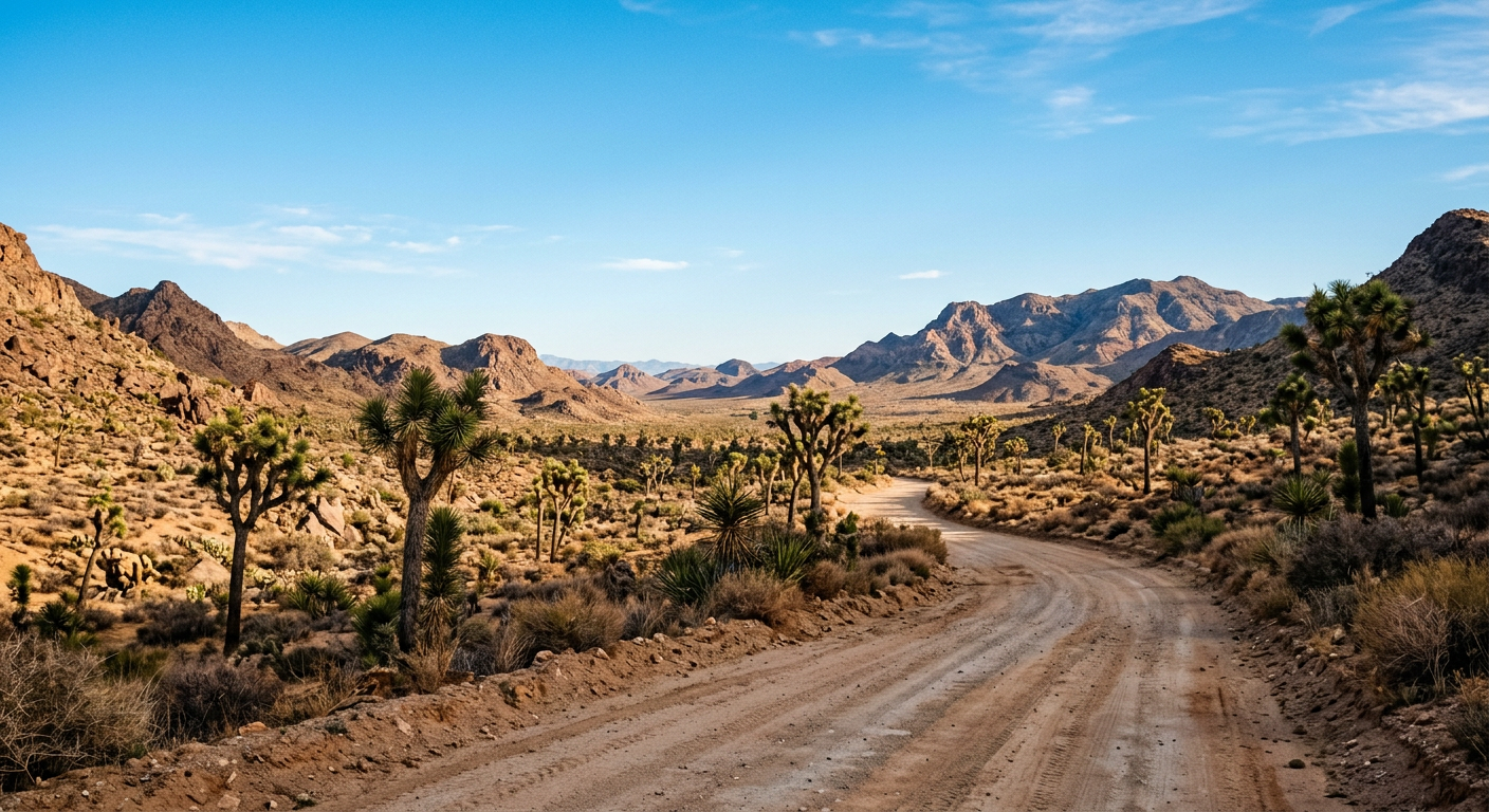A dusty dirt road winding through rugged desert terrain with scattered Joshua trees under a clear Arizona sky