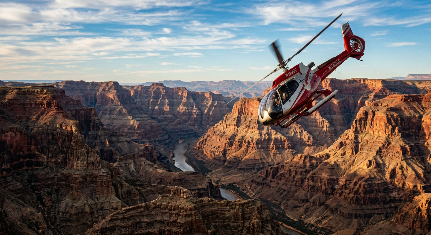 A helicopter banking over the deep red and brown carved rocks of the Grand Canyon West Rim near Meadview