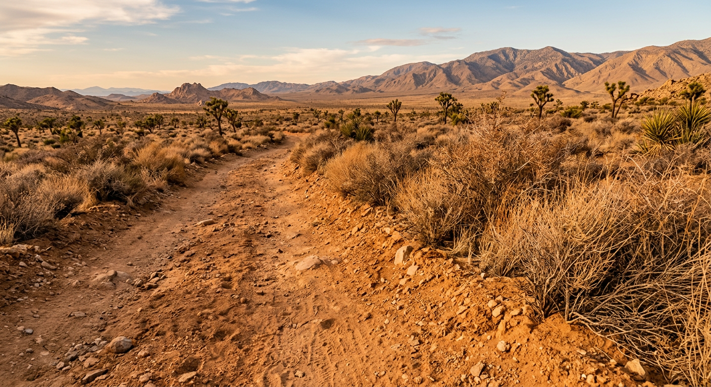 Dried brush and loose orange dirt along an unmarked trail edge in the Mojave Desert