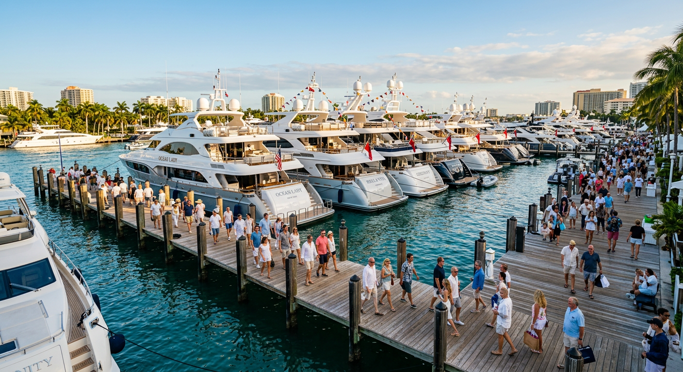 Crowds of people walking along wooden docks lined with massive luxury yachts in South Florida