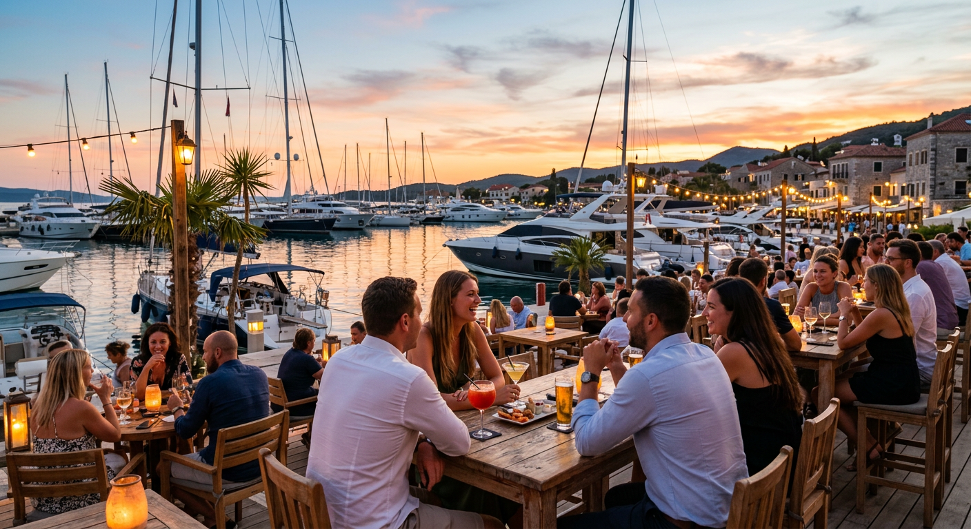 People sitting at a marina bar during dusk with yachts in the background
