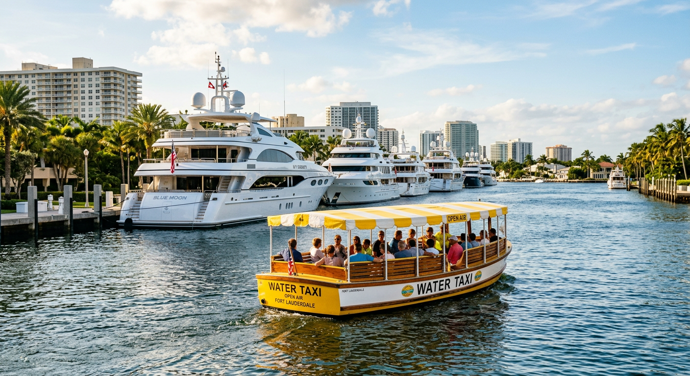 A yellow and white open-air water taxi ferrying passengers along the Intracoastal Waterway past large docked yachts