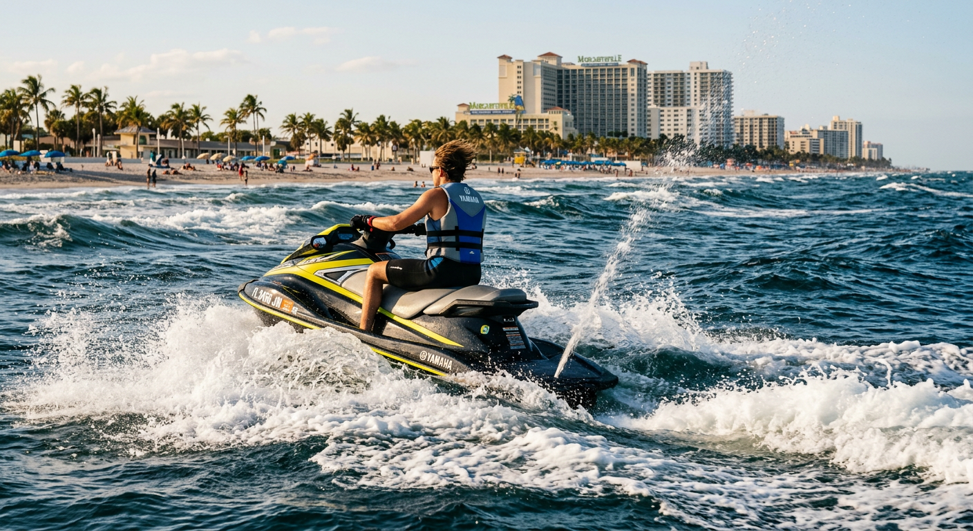 A person riding a jet ski across choppy blue ocean waves near Hollywood Beach