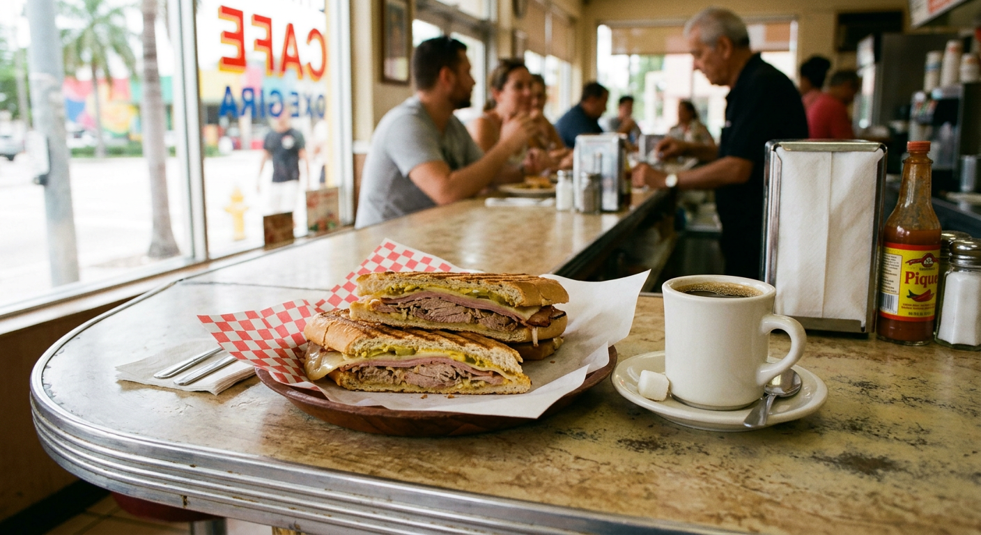 A simple Cuban sandwich and dark coffee on a casual diner counter in South Florida