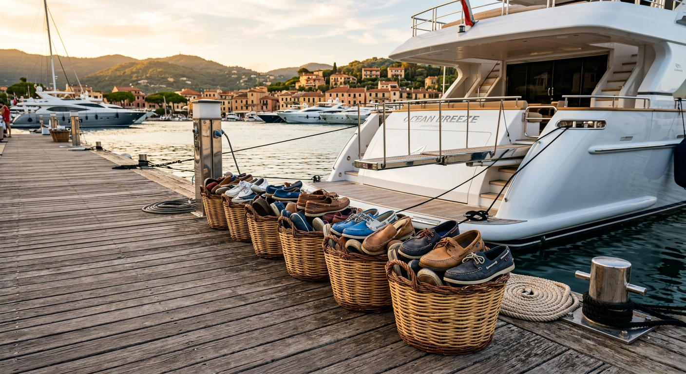 Rows of discarded boat shoes and loafers resting in baskets on a wooden dock beside a large yacht