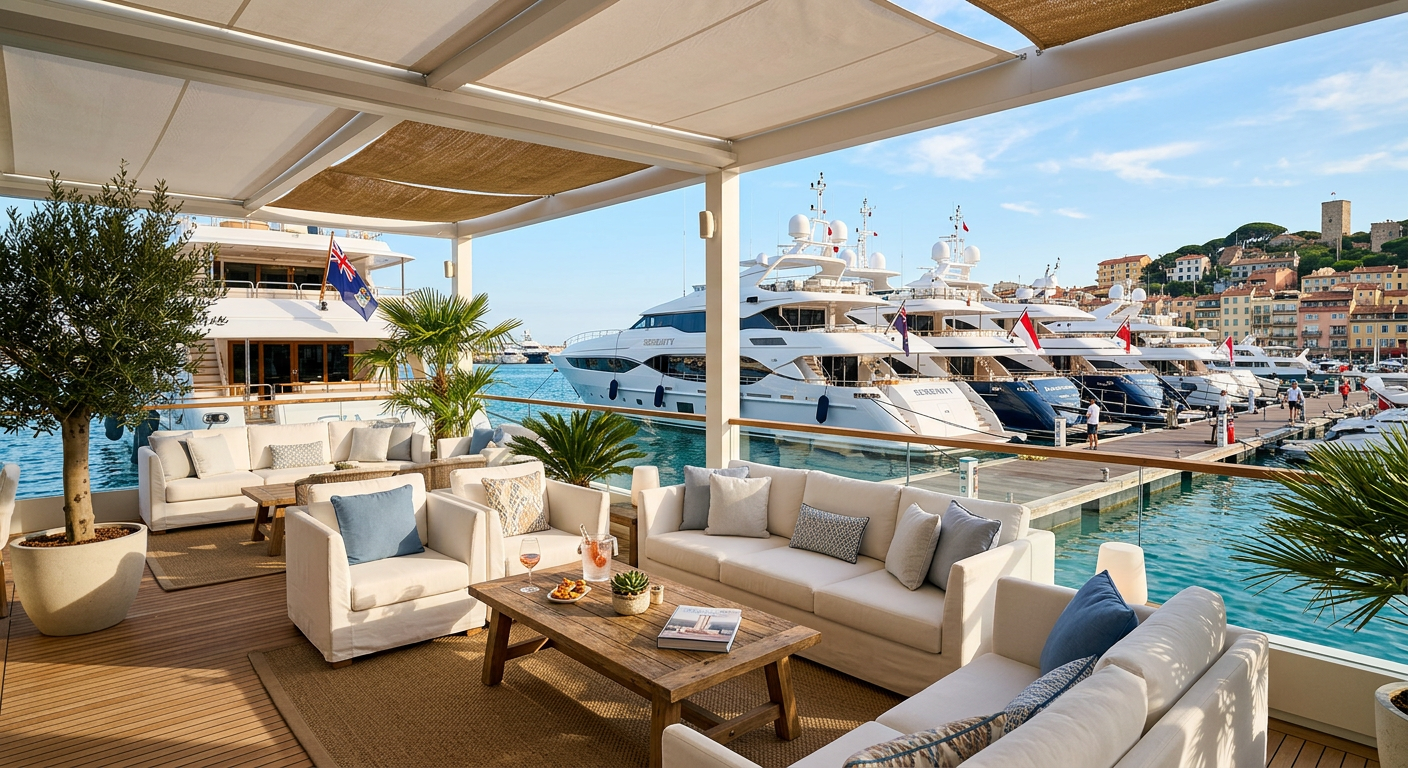 A shaded VIP lounge area with white couches next to large luxury yachts at a marina