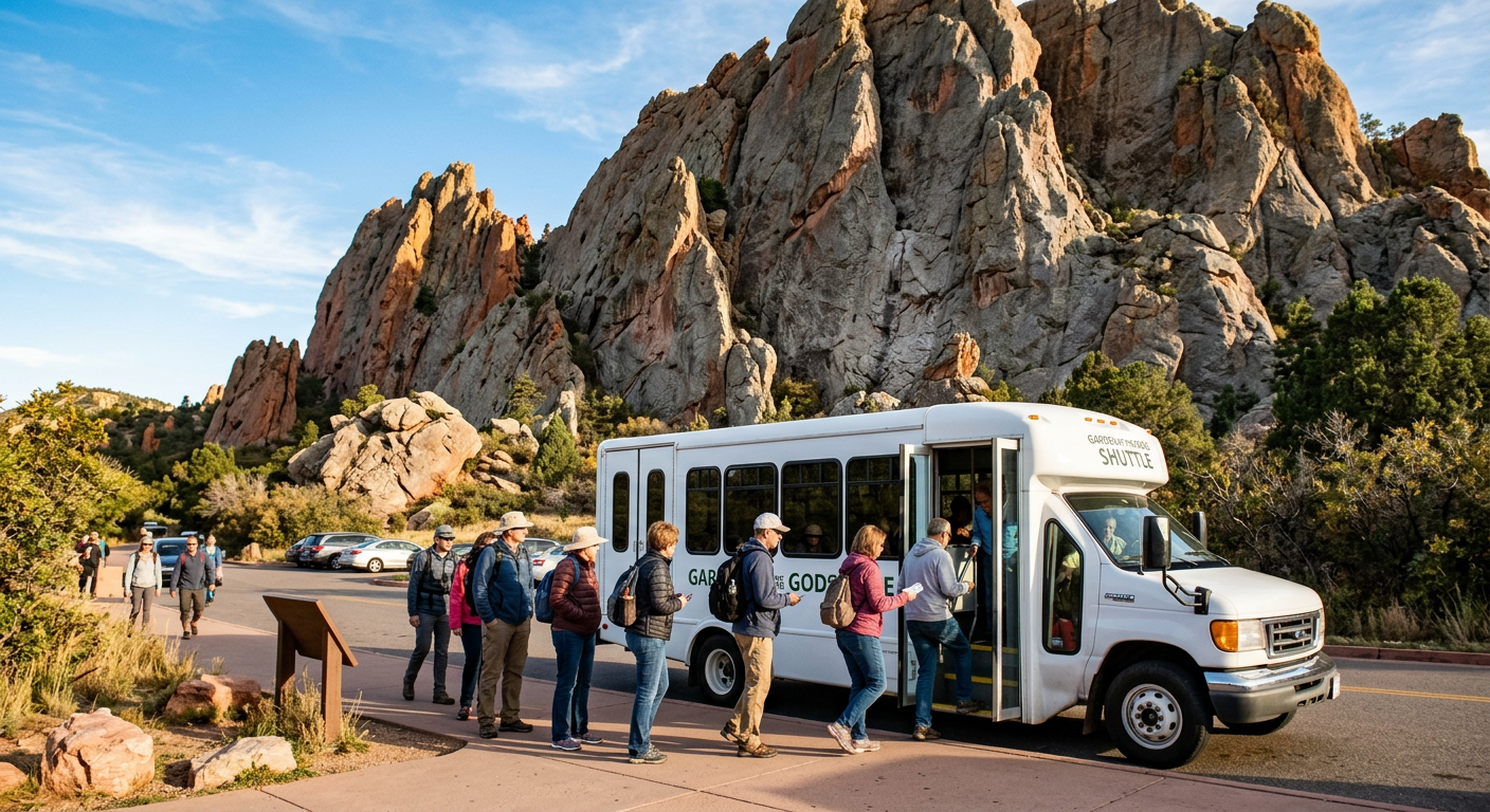 Tourists boarding a white shuttle bus beneath steep granite cliffs in Colorado Springs