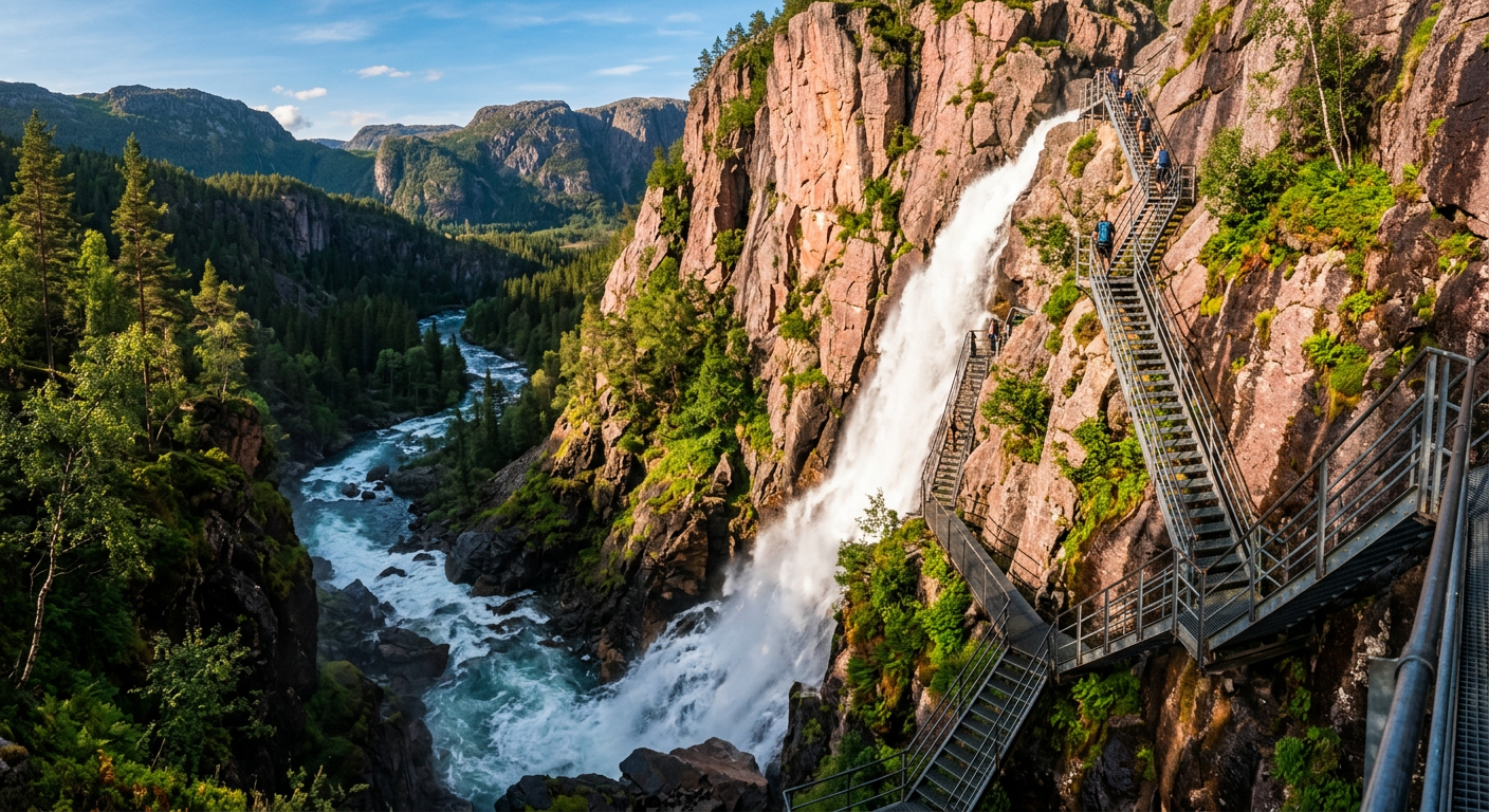Hundreds of metal stairs bolted alongside a rushing waterfall cutting vertically through pink granite cliffs